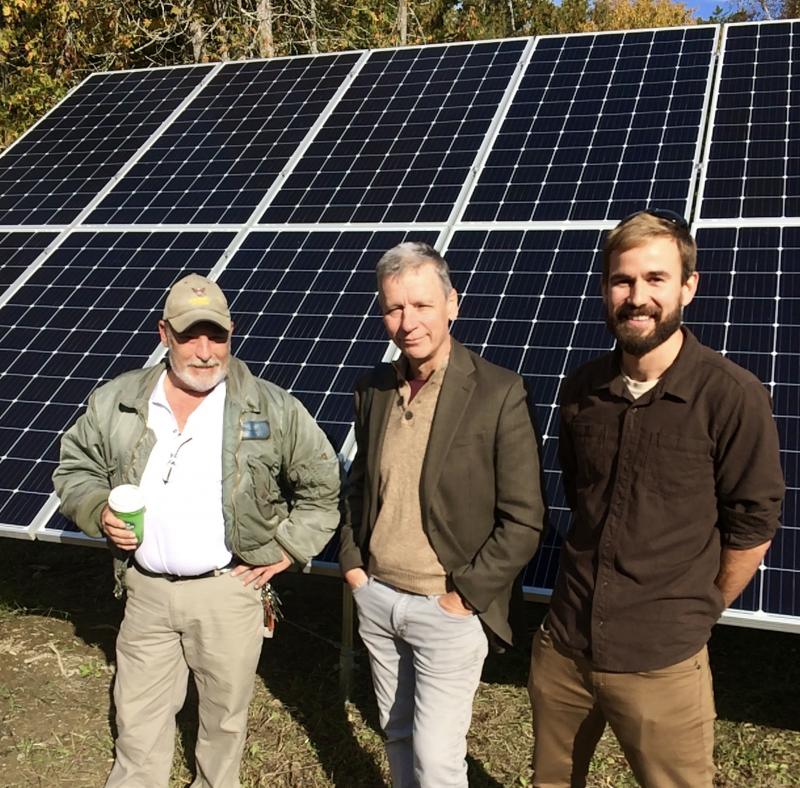 Standing with the solar array are, from left, Dick Cilley (Islesboro Central School Director of Facilities), Charles Hamm (Islesboro Central School Head of School) and TL Tutor (ReVision Owner). (Courtesy Charles Hamm)