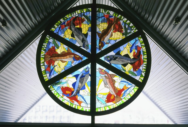 A six-foot diameter window over the Rockland Ferry Terminal’s front doors.