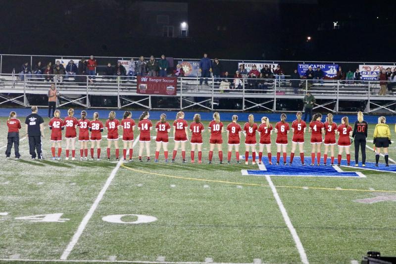 The Camden Hills girls soccer team lined up prior to the start of the Nov. 9 state championship game. (Photo courtesy Vin Contento)