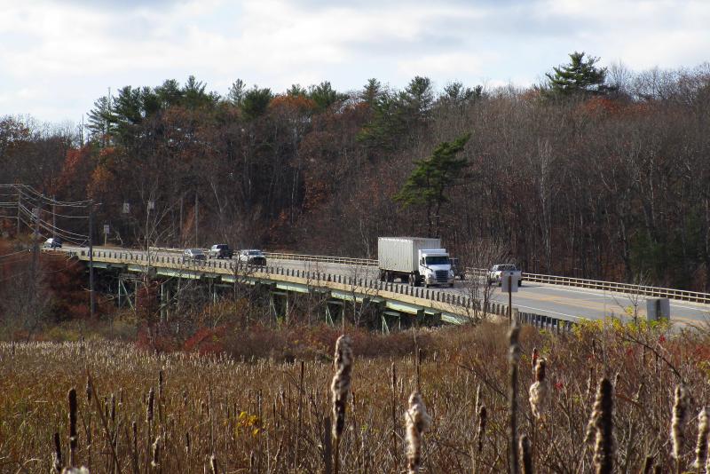 Mid-morning traffic crosses the Station 46 bridge as seen from the former dike road. PHIL DI VECE/Wiscasset Newspaper