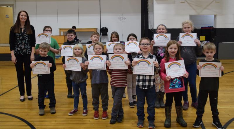 Front: Christian Couch, Callie Colson, Jaxon Hopkins, Austin Haskell, Noah Barker, Harlow Peterson-Crute, Warren Fallin. Back: Principal Ainslee Riley, Carter Moorman, Asher Hatch, McKenzie Liddell, Sadie Viering, Addison Lincoln, Christina Shepard. (Photo courtesy Thomaston Grammar School)