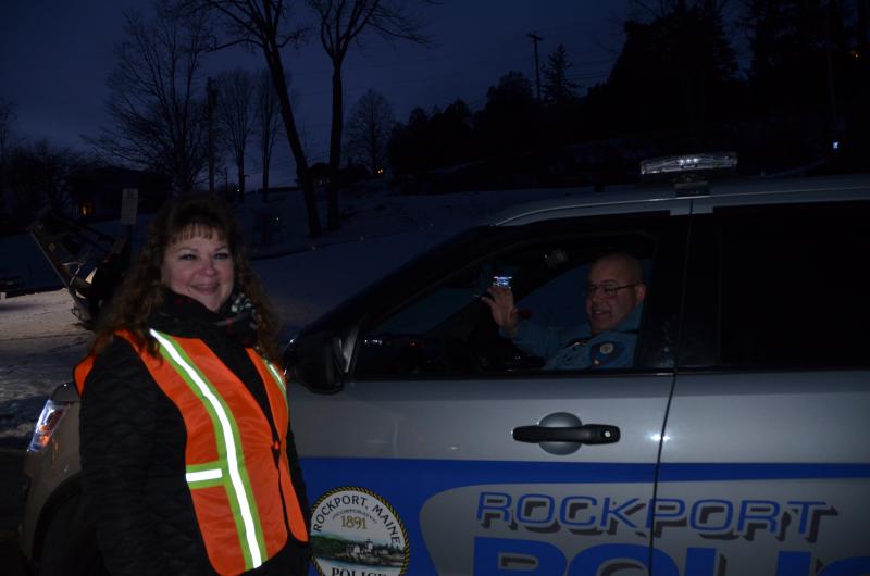 Rockport’s Executive Secretary Diane Hamilton and Officer James Moore, on duty Saturday night, Dec. 21, in Rockport. (Photo by Lynda Clancy)