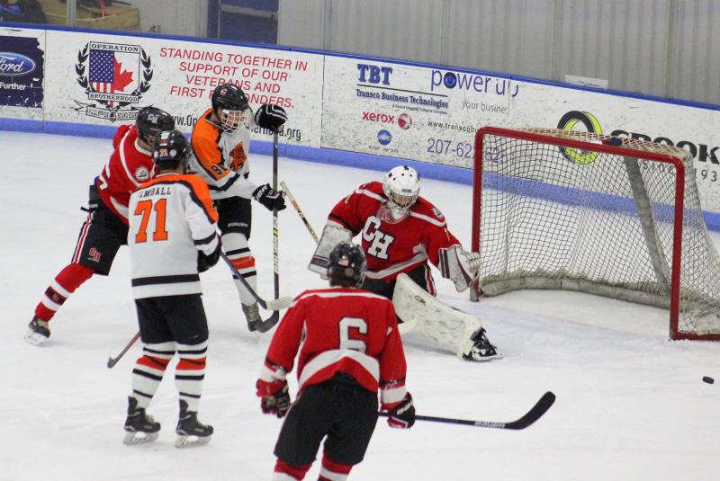 The Camden Hills ice hockey team in its Dec. 28 game against Gardiner. (Courtesy Molly Cole)
