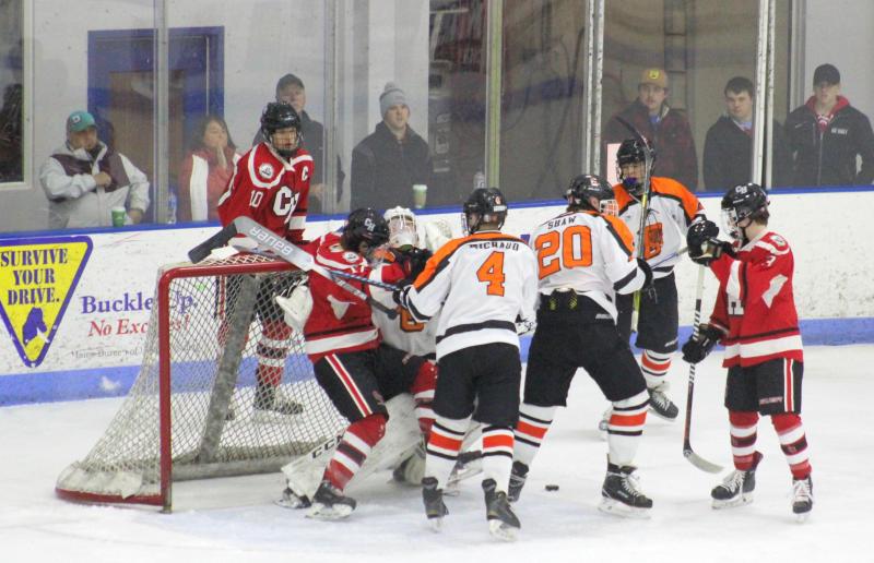 The Camden Hills ice hockey team in its Dec. 28 game against Gardiner. (Courtesy Molly Cole)