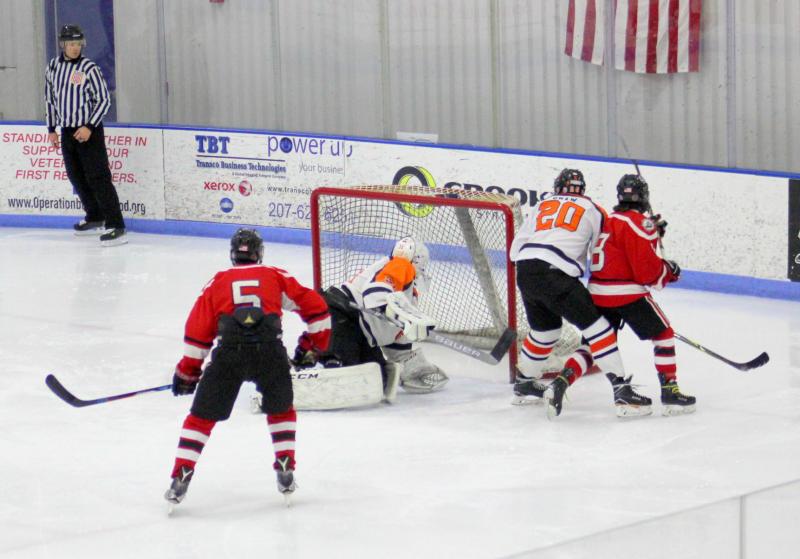 The Camden Hills ice hockey team in its Dec. 28 game against Gardiner. (Courtesy Molly Cole)