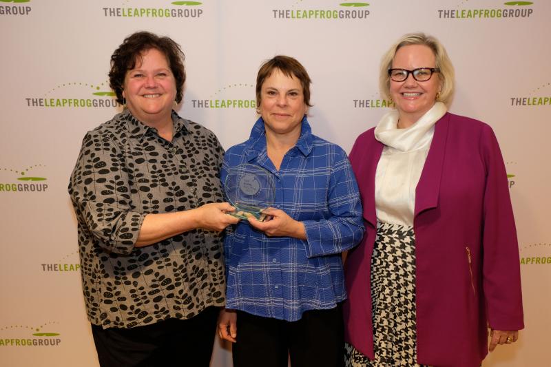 Accepting the Leapfrog Award for Waldo County General Hospital during a ceremony in Washington, D.C., are Judy Curry, RDMS, CPHQ, of the Integrated Quality Department, left, and Rachel Brewster, RN, a charge nurse in the Medical Surgical Unit, center. Leah Binder, right, president and CEO of The Leapfrog Group, presented the award. (Photo courtesy Waldo County General Hospital)