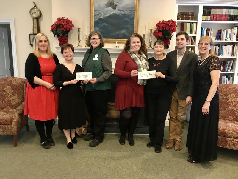 (Left to right): Megan Rogers, Prescott Memorial School chime ensemble director; Amy Rollins, Ringing in the Season organizer; Shelly Butler, executive director of PAWS Animal Adoption Center; Kasey Bielecki, Pope Memorial Humane Society; Leigh Smith, founder of Ringing in the Season; Matt Mainster, director of Music at First Congregational Church of Camden; Kim Murphy, CHRHS Chamber Singers director. (Photo courtesy Ringing in the Season)