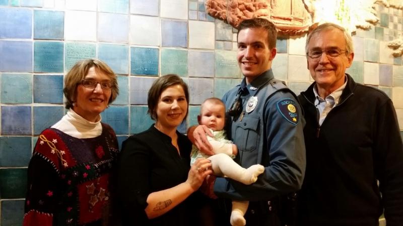 Rockport Officer Jonathan Poole with his parents, Jean and Robert Poole, wife Ashley and daughter Gwendolyn. (Photo by Sarah Shepherd)