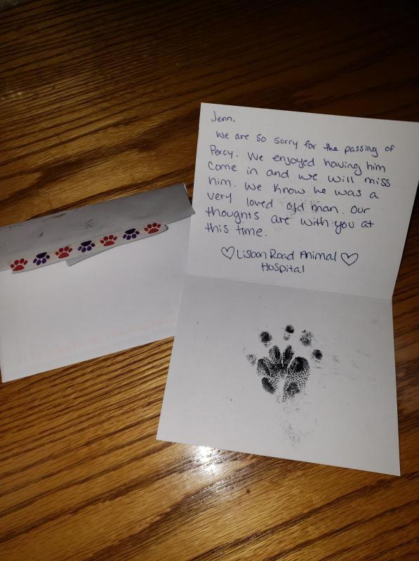 A recent Facebook post from Marchigiani: “Just when I thought I was starting to heal from the loss of Percy, I received this amazing card from the vet Had a hard time choking back tears... Lost the battle once I was alone...” Photo courtesy Misfits Rehab