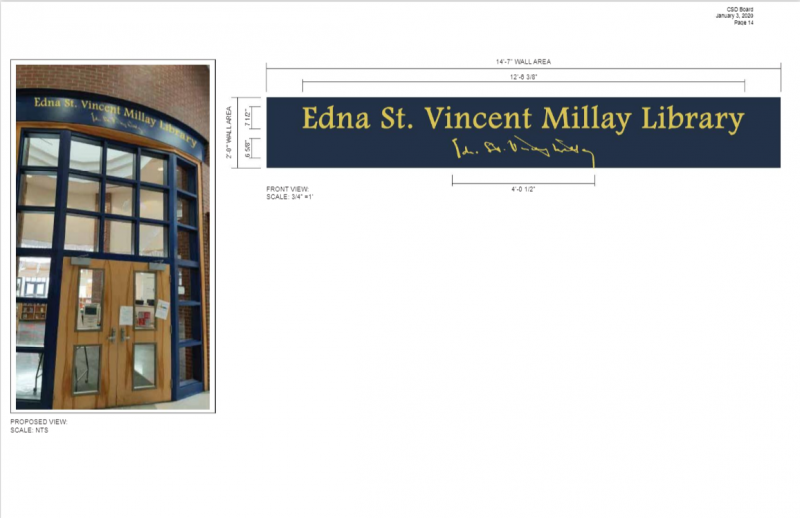 The specifications of a proposed sign for the library at Camden Hills Regional High School as provided in the agenda of the Jan. 8 school board meeting.