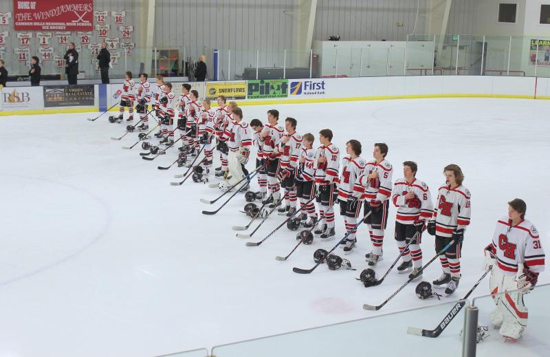 The Camden Hills varsity ice hockey team in its Jan. 4 game against Brunswick. (Courtesy Molly Cole)