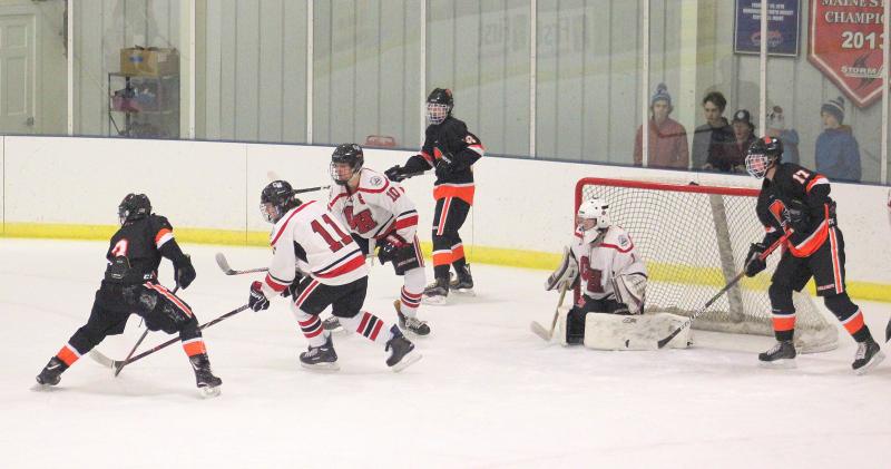 The Camden Hills varsity ice hockey team in its Jan. 4 game against Brunswick. (Courtesy Molly Cole)