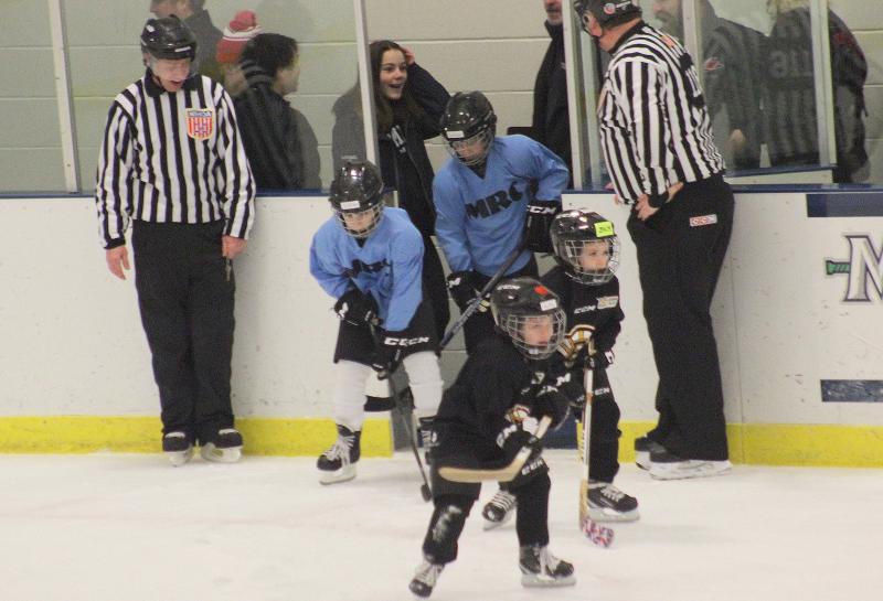 6U skaters participate in a skating session during a break of the Camden Hills varsity ice hockey game Jan. 4.