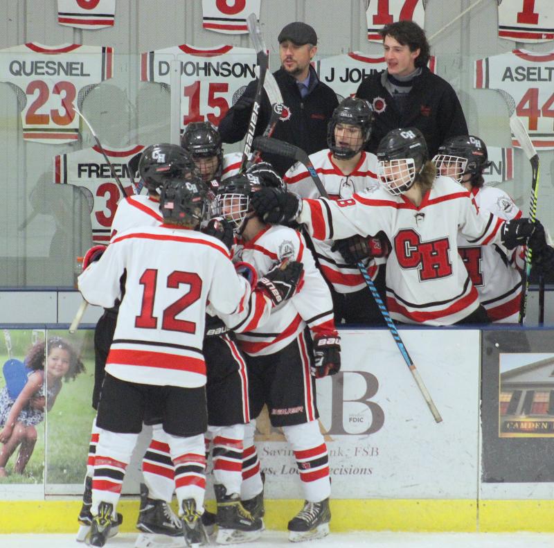 The Camden Hills varsity ice hockey team in its Jan. 4 game against Brunswick. (Courtesy Molly Cole)
