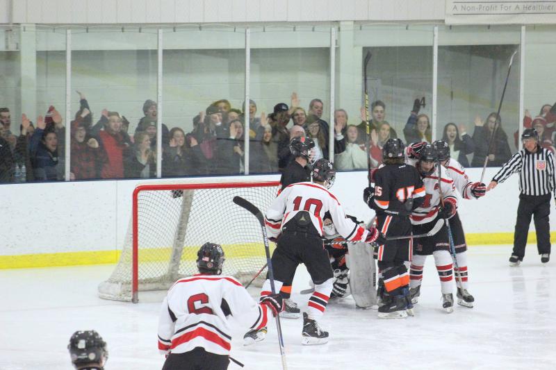 The Camden Hills varsity ice hockey team in its Jan. 4 game against Brunswick. (Courtesy Molly Cole)