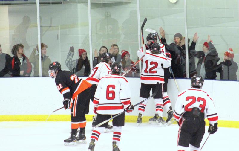 The Camden Hills varsity ice hockey team in its Jan. 4 game against Brunswick. (Courtesy Molly Cole)