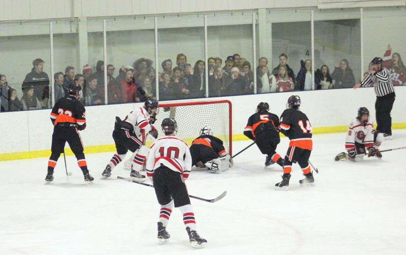 The Camden Hills varsity ice hockey team in its Jan. 4 game against Brunswick. (Courtesy Molly Cole)