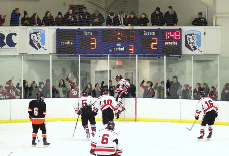 The Camden Hills varsity ice hockey team in its Jan. 4 game against Brunswick. (Courtesy Molly Cole)