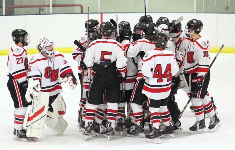 The Camden Hills varsity ice hockey team in its Jan. 4 game against Brunswick. (Courtesy Molly Cole)