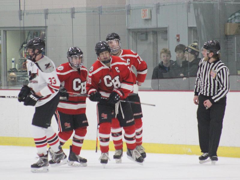 The Camden Hills varsity ice hockey team in a Jan. 14 game. (Courtesy Molly Cole)