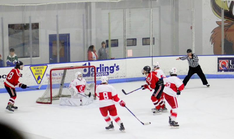 The Camden Hills ice hockey team in its Jan. 25 game. (Courtesy Molly Cole)