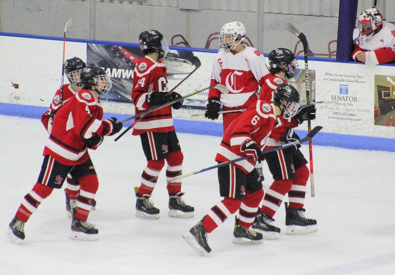 The Camden Hills ice hockey team in its Jan. 25 game. (Courtesy Molly Cole)