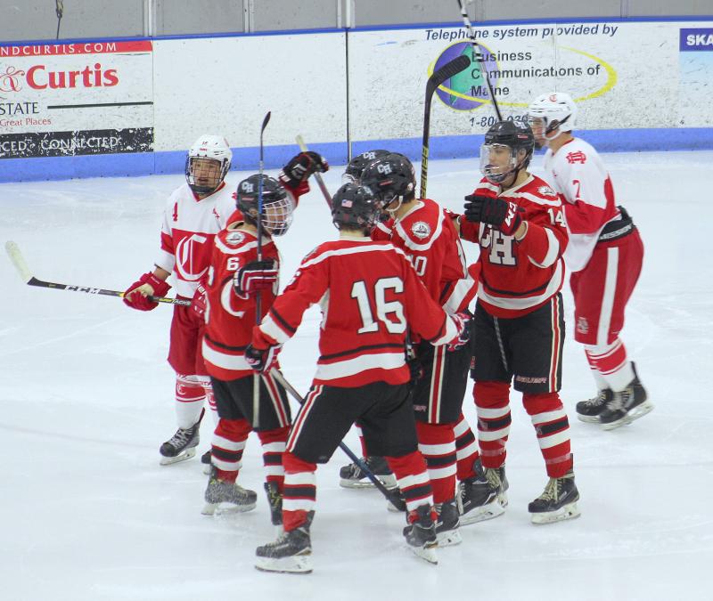The Camden Hills ice hockey team in its Jan. 25 game. (Courtesy Molly Cole)