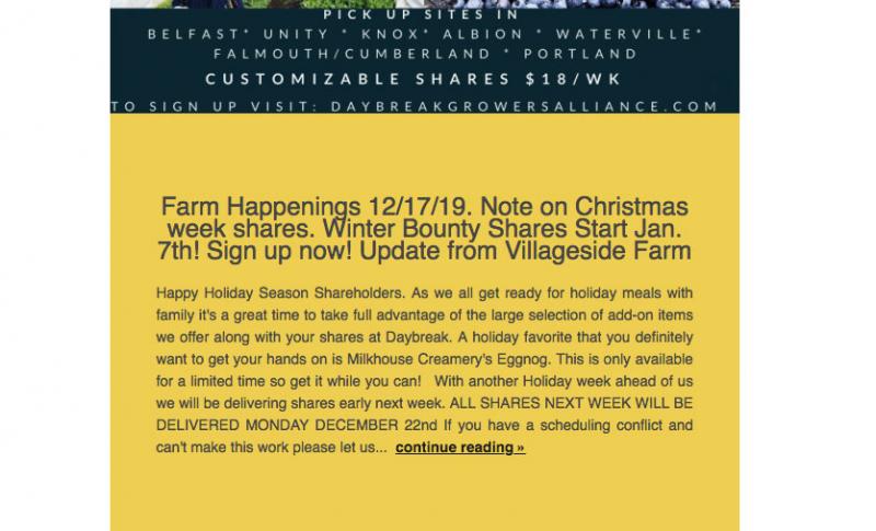 The website comes with a built-in newsletter template to show what’s in season and being offered by the farms.