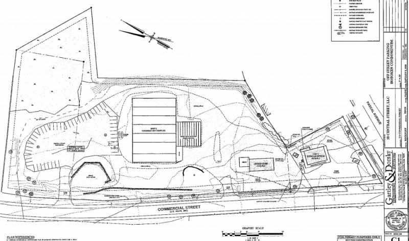 A rendering by Gartley & Dorsky of 310 Commercial Street proposed off-street parking spaces are located at the lower left. (Source: Town of Rockport)