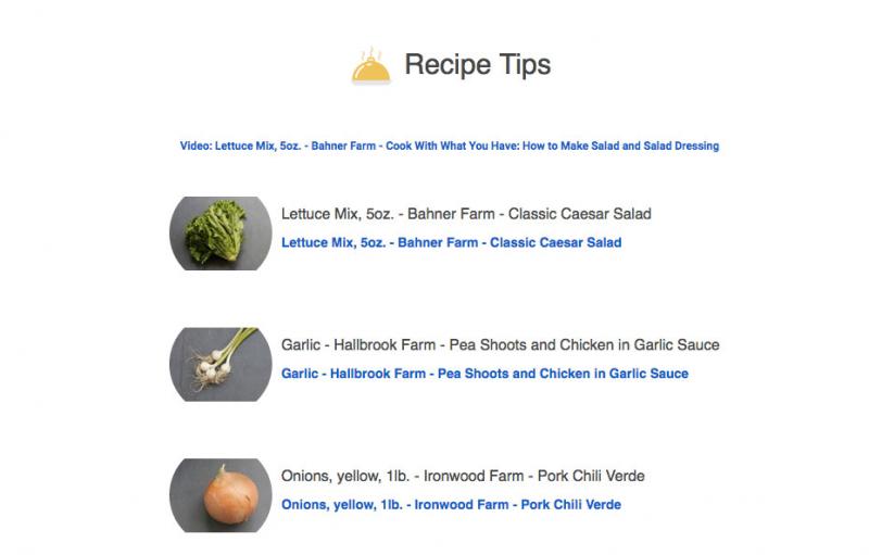 Then the program automatically matches the produce to specific recipes that the customer can use with the produce and farm-share ingredients.