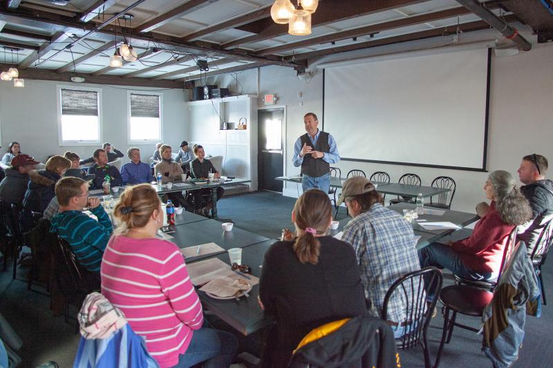 Sebastian Belle, executive director of the Maine Aquaculture Association, speaks to ABD participants during December’s Industry Day in Portland. (Photo courtesy Island Institute)