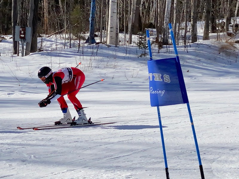Camden Hills alpine skier Caellen Roberts at the KVAC championship Feb. 5. (Courtesy Mike Smith)