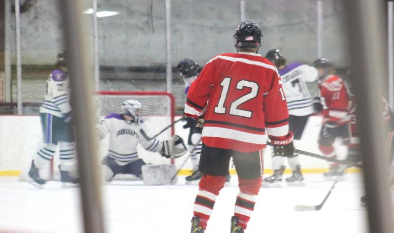 The Camden Hills ice hockey team during its Feb. 19 game. (Courtesy Molly Cole)