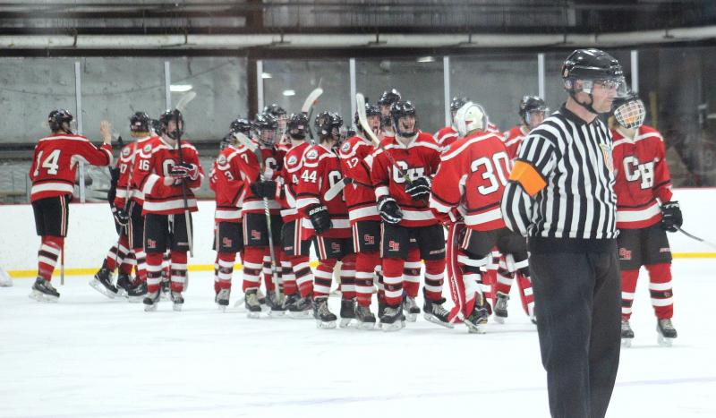The Camden Hills ice hockey team during its Feb. 19 game. (Courtesy Molly Cole)