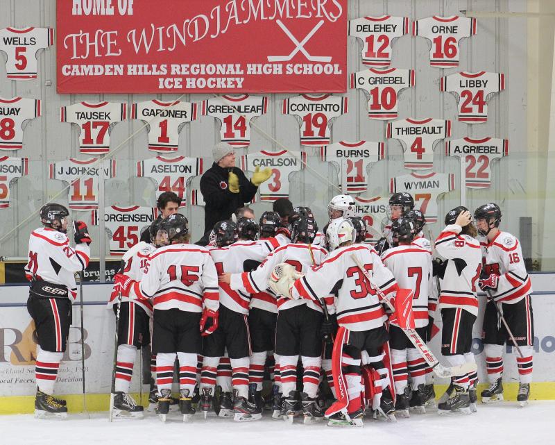 The Camden Hills ice hockey team during its Feb. 1 game. (Courtesy Molly Cole)