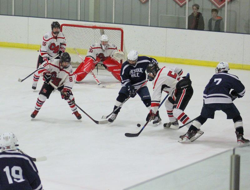 The Camden Hills ice hockey team during its Feb. 1 game. (Courtesy Molly Cole)