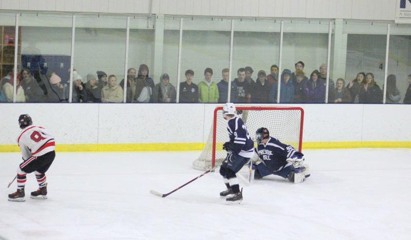 The Camden Hills ice hockey team during its Feb. 1 game. (Courtesy Molly Cole)