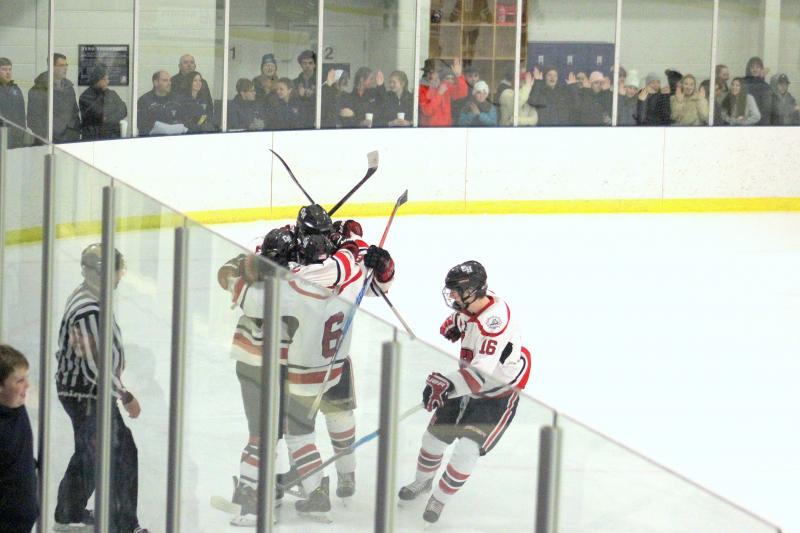 The Camden Hills ice hockey team during its Feb. 1 game. (Courtesy Molly Cole)