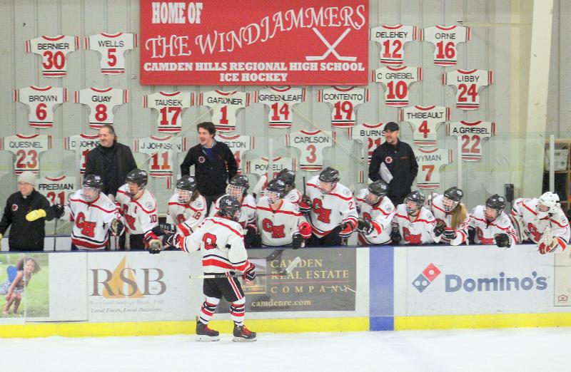The Camden Hills ice hockey team during its Feb. 1 game. (Courtesy Molly Cole)