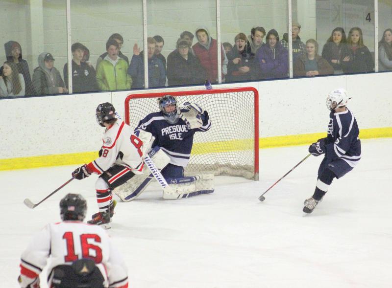 The Camden Hills ice hockey team during its Feb. 1 game. (Courtesy Molly Cole)