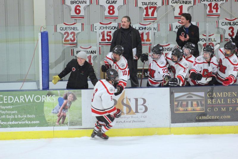 The Camden Hills ice hockey team during its Feb. 1 game. (Courtesy Molly Cole)