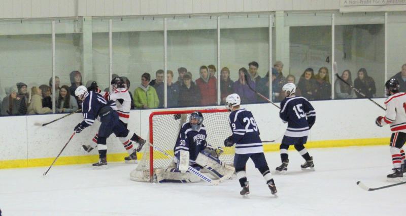 The Camden Hills ice hockey team during its Feb. 1 game. (Courtesy Molly Cole)