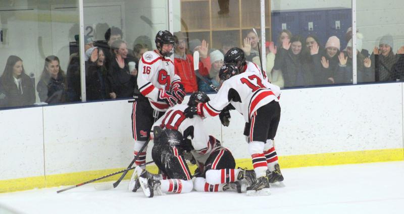The Camden Hills ice hockey team during its Feb. 1 game. (Courtesy Molly Cole)