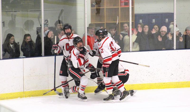 The Camden Hills ice hockey team during its Feb. 1 game. (Courtesy Molly Cole)