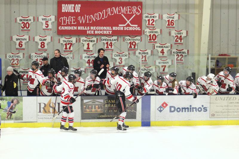 The Camden Hills ice hockey team during its Feb. 1 game. (Courtesy Molly Cole)