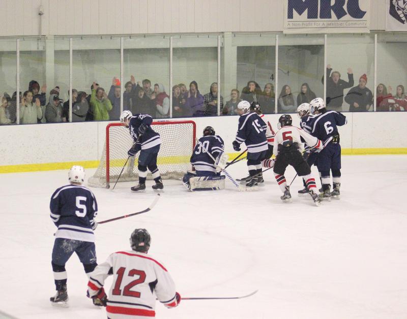 The Camden Hills ice hockey team during its Feb. 1 game. (Courtesy Molly Cole)