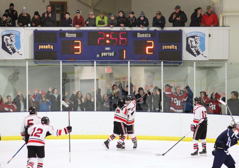 The Camden Hills ice hockey team during its Feb. 1 game. (Courtesy Molly Cole)