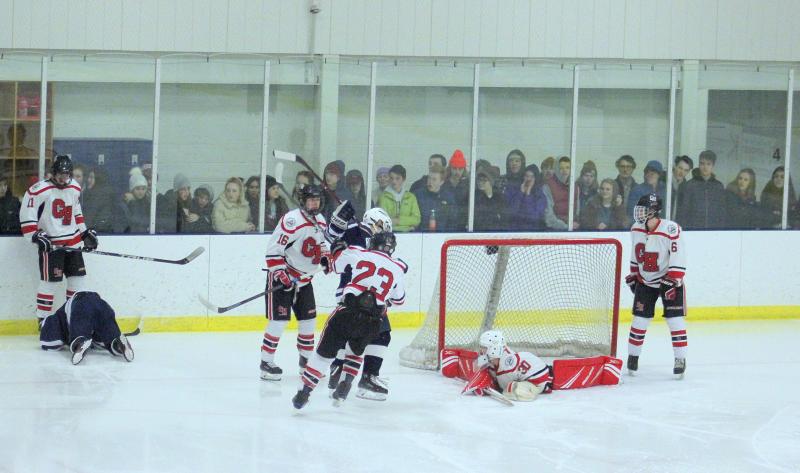 The Camden Hills ice hockey team during its Feb. 1 game. (Courtesy Molly Cole)