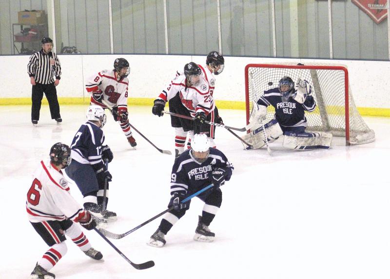 The Camden Hills ice hockey team during its Feb. 1 game. (Courtesy Molly Cole)