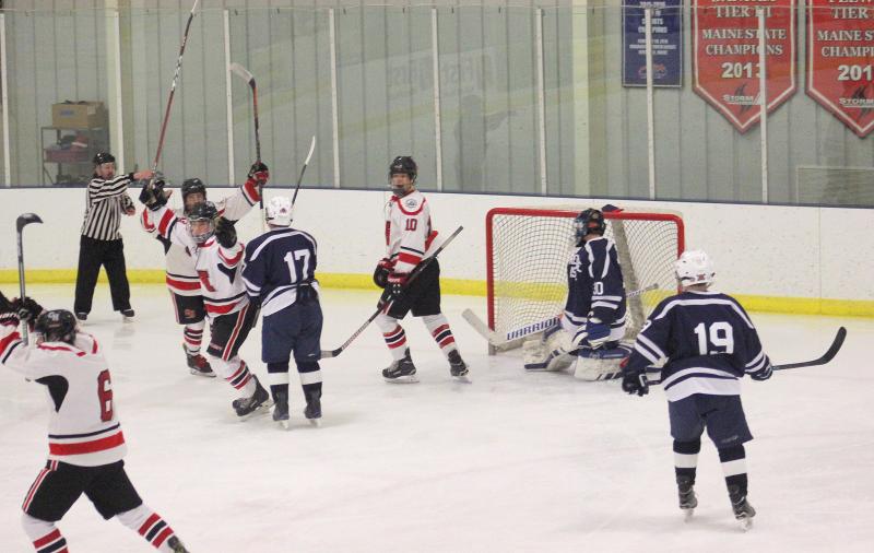 The Camden Hills ice hockey team during its Feb. 1 game. (Courtesy Molly Cole)